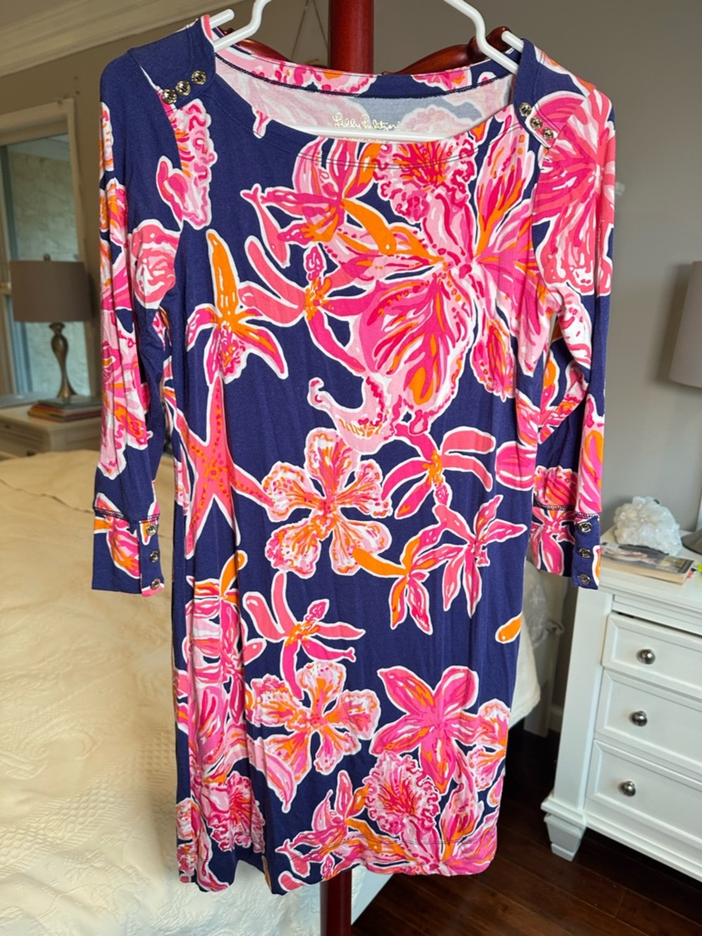 Lilly Pulitzer Sophie Dress Navy Bright Pink Floral UPF 50 Beach Casual Size S
